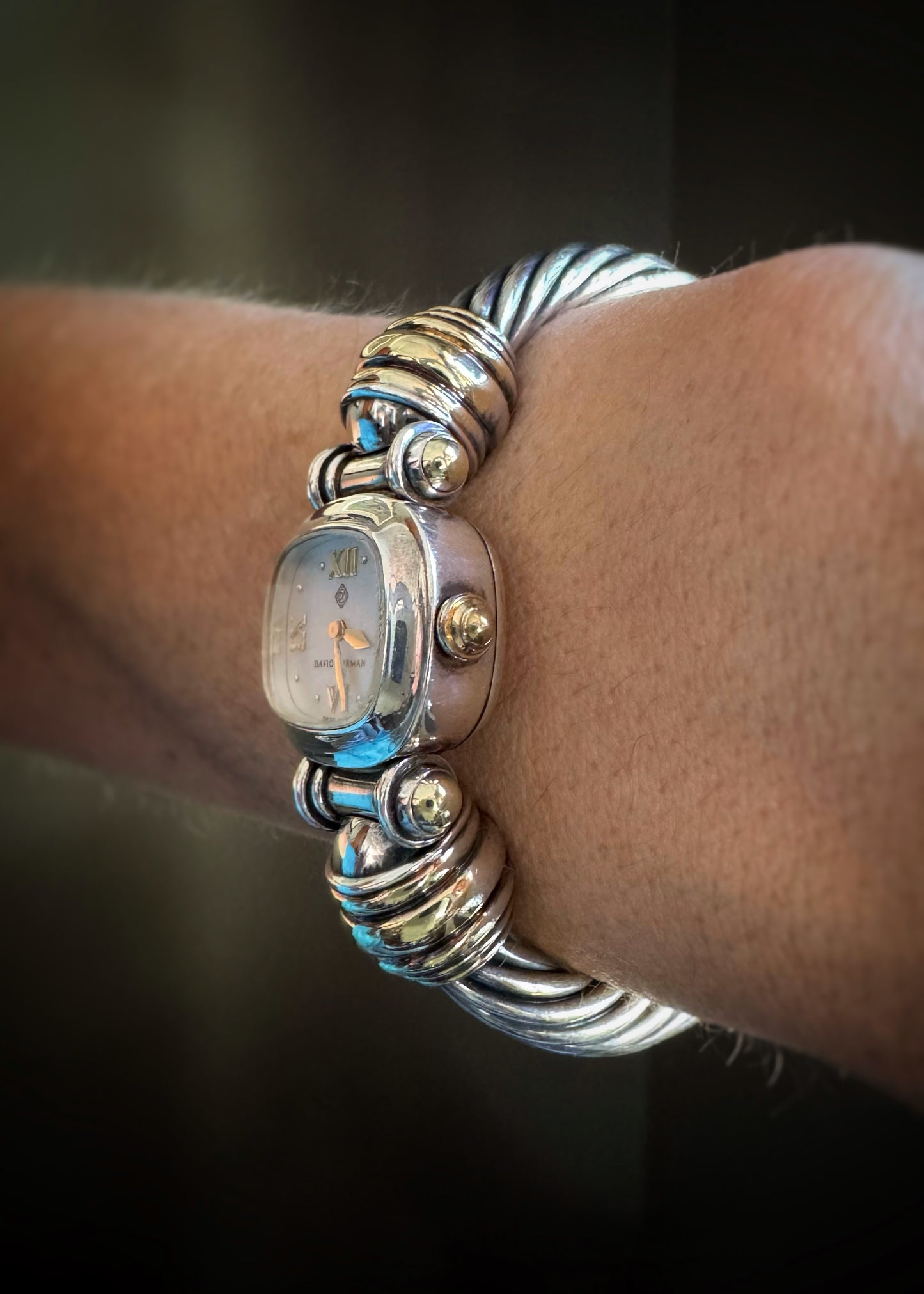Estate Designer Sterling and 14k + Cable Bangle Bracelet Watch