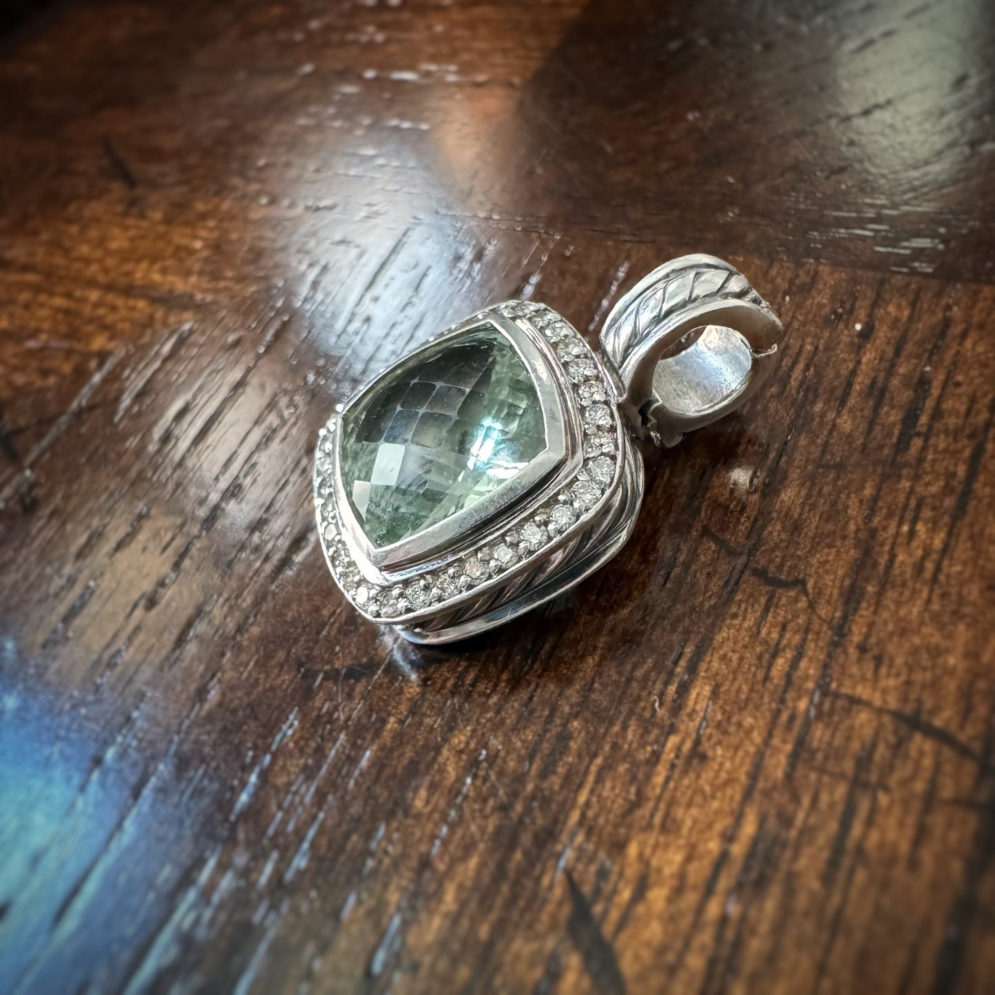 Estate Designer Sterling Silver + Prasiolite and Diamond Pendant