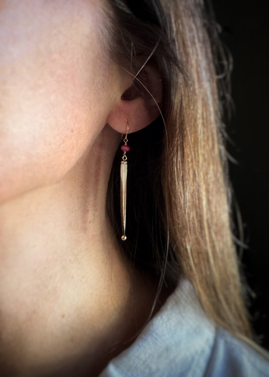 14k + Porcupine Quill and Ruby Earrings