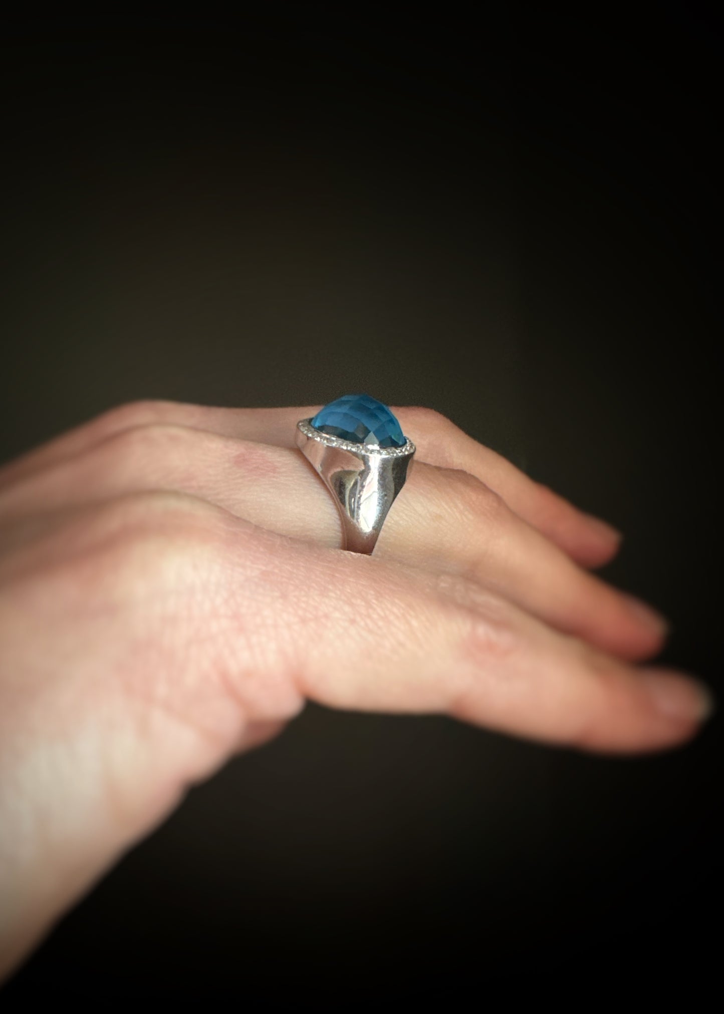 Estate 18k + Blue Topaz Doublet and Diamond Ring