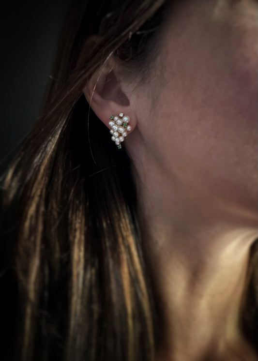 Estate 14k + Pearl Emerald and Diamond Cluster Earrings