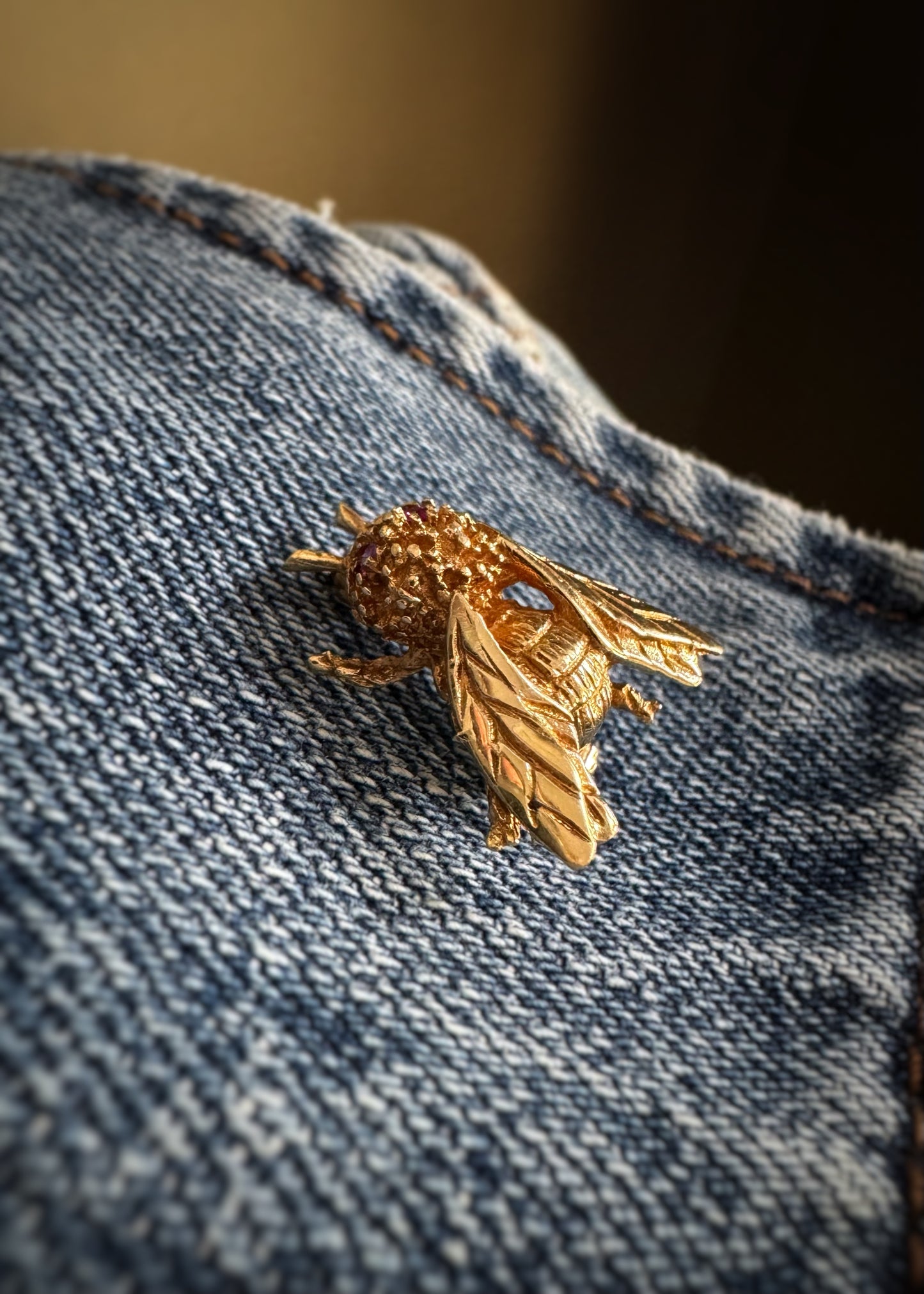 Estate 14k + Bee Brooch with Ruby Eyes