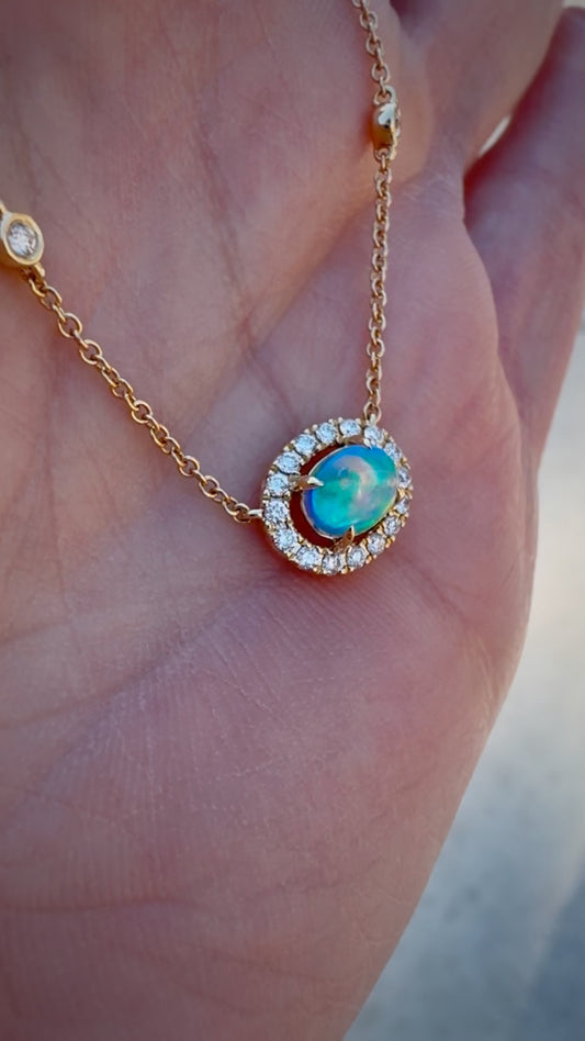 Estate 14k + Opal and Diamond Necklace