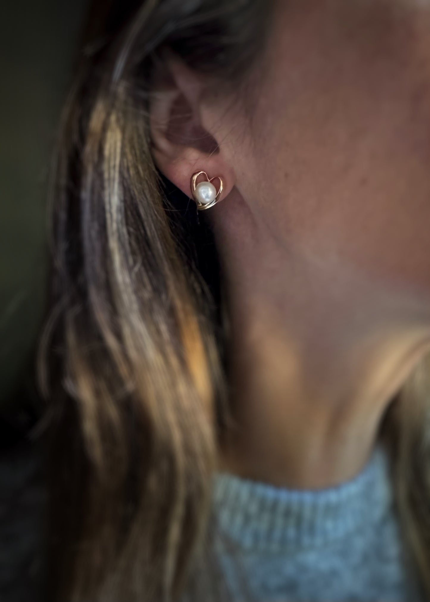 Estate 14k + Cultured Pearl Heart Stud Earrings