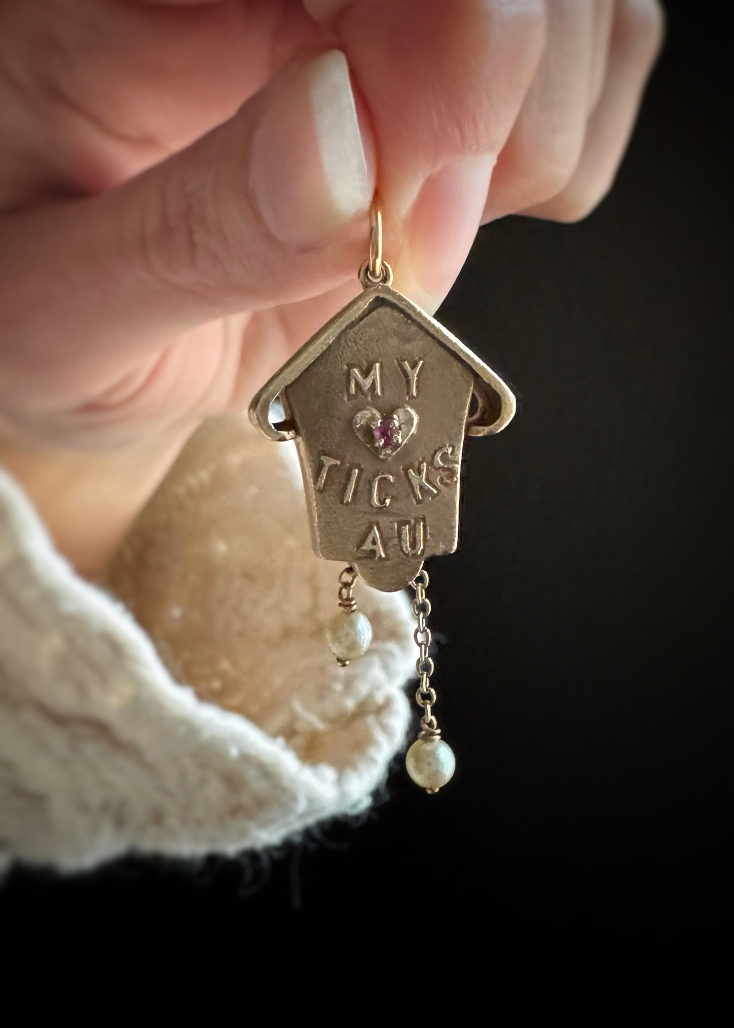 Estate 14k + Sapphire Ruby and Pearl Cuckoo Clock Charm