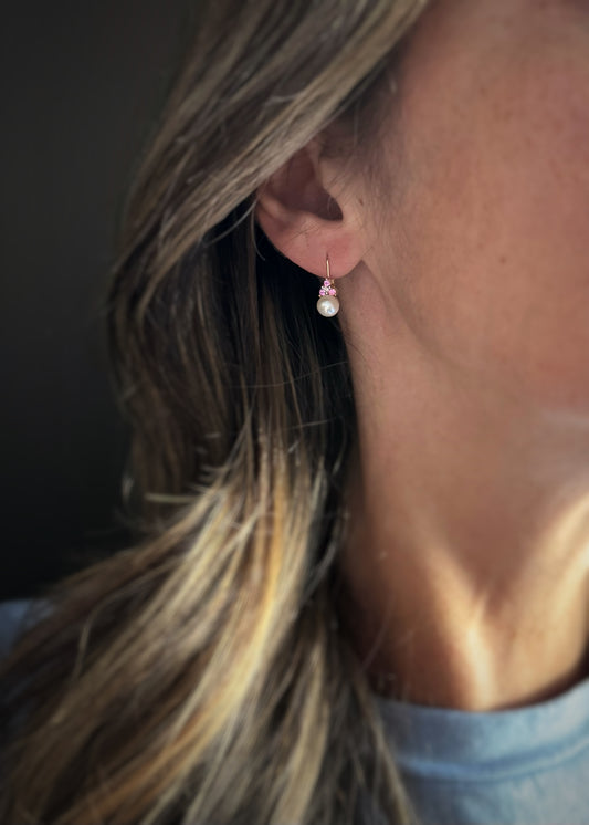 Estate 14k + Pink Sapphire and Pearl Earrings
