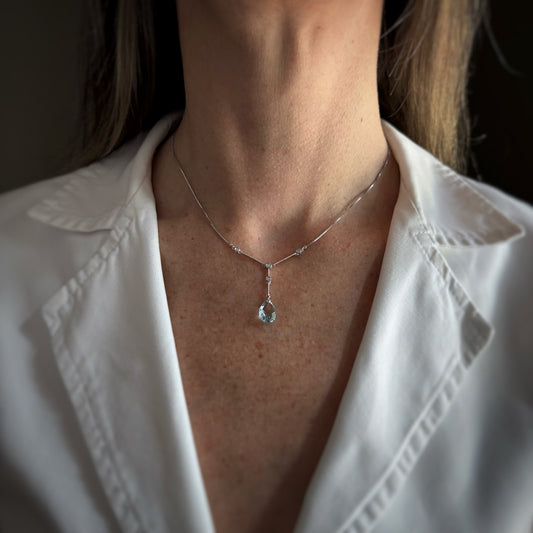 Estate 14k + Blue Topaz and Diamond Lariat 16" Necklace