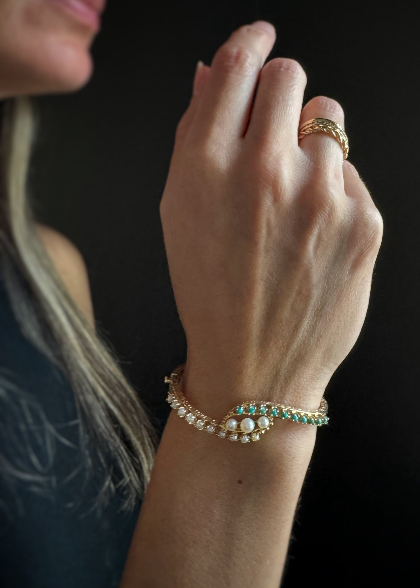 Estate 14k + Pearl and Turquoise Bangle Bracelet