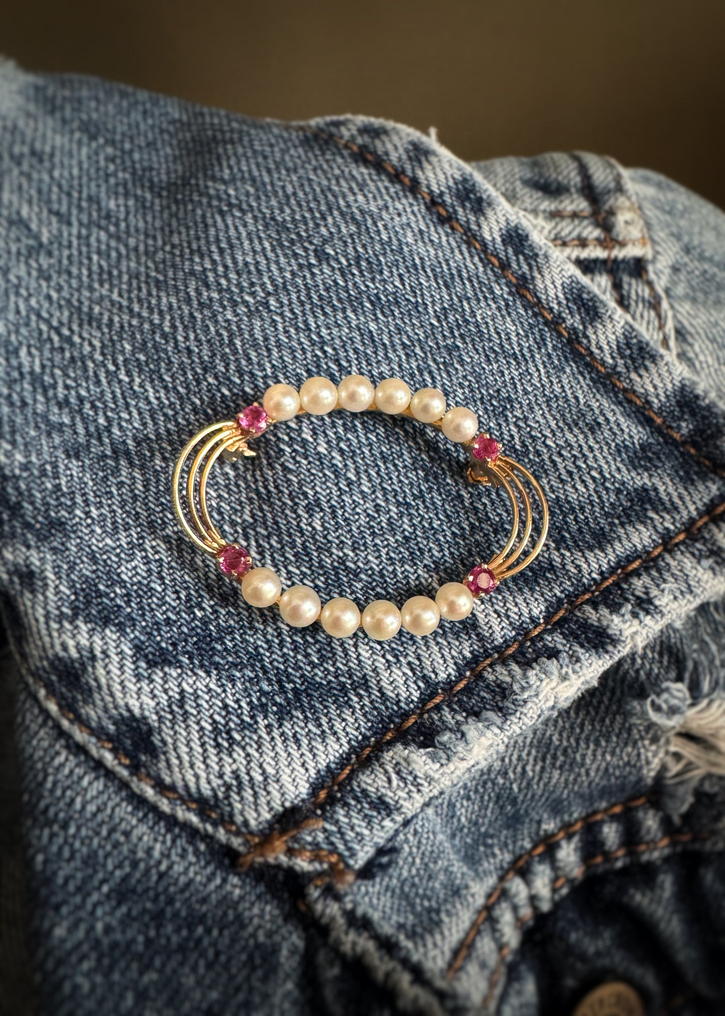 Estate 14k + Ruby and Pearl Oval Brooch