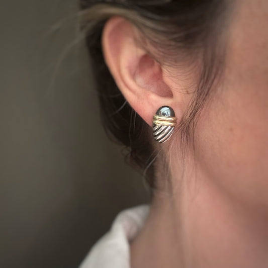Estate Designer Sterling Silver + 14k Hematite Cable Shrimp Earrings