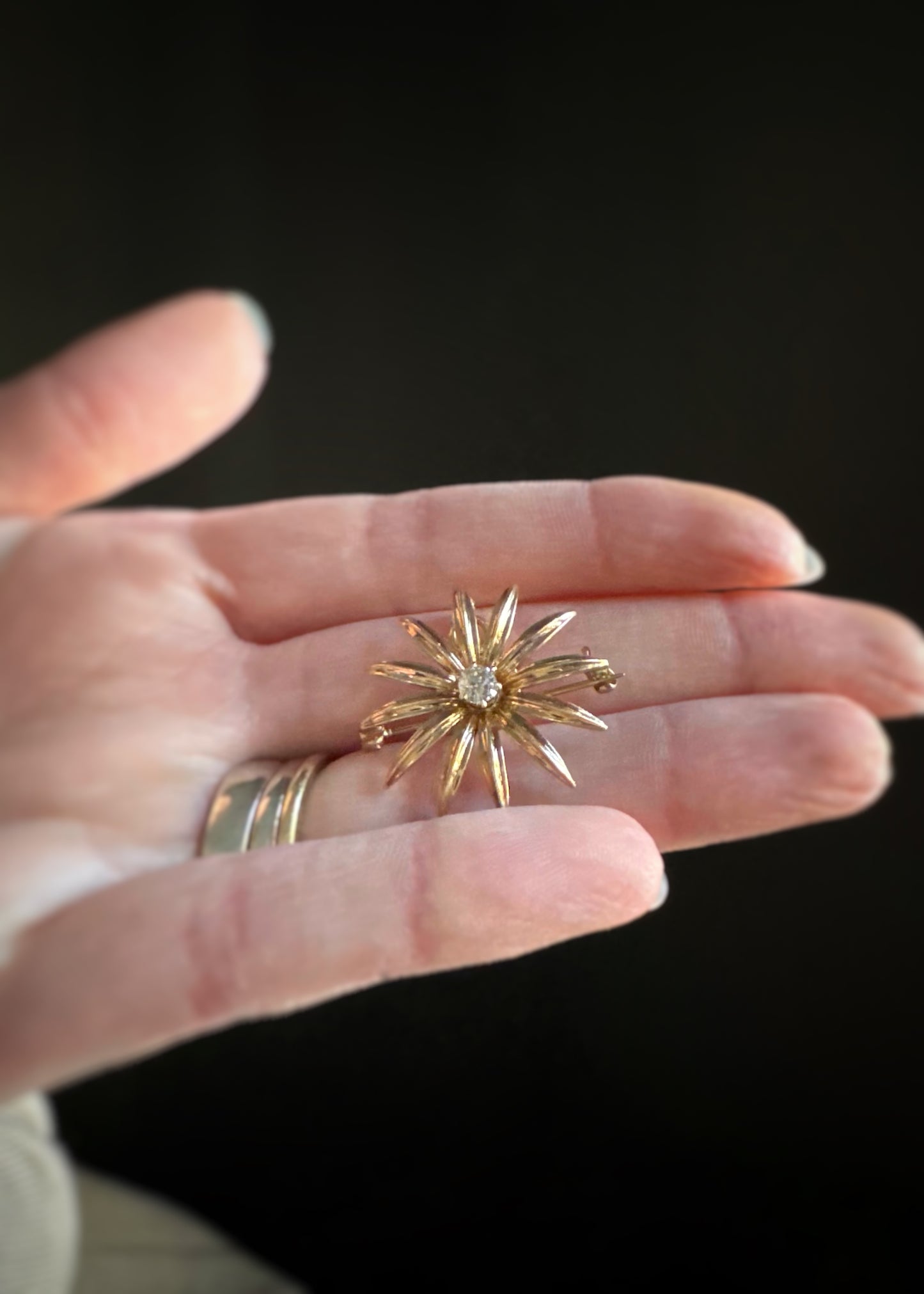 Estate 14k + Diamond Flower Brooch