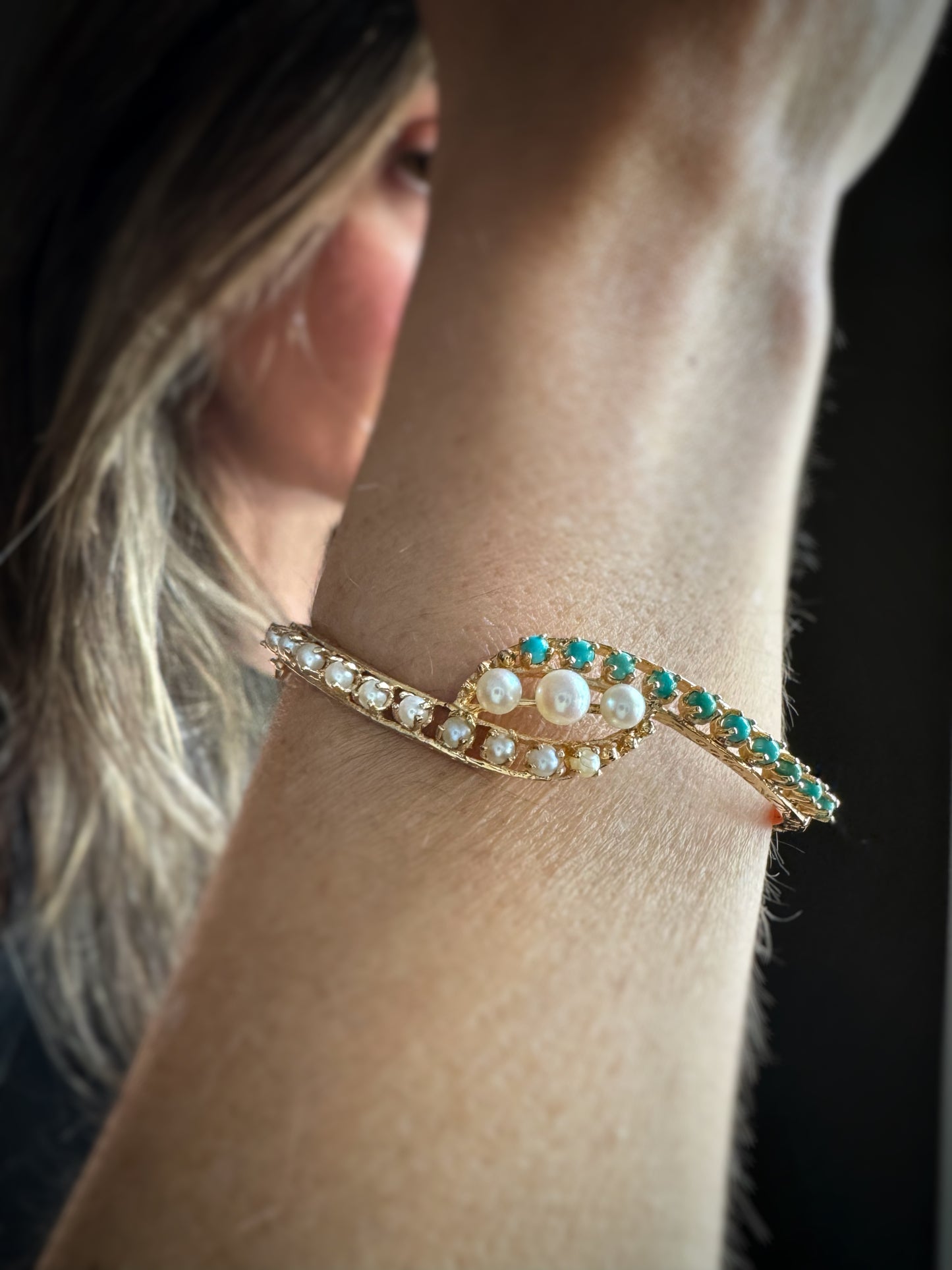Estate 14k + Pearl and Turquoise Bangle Bracelet