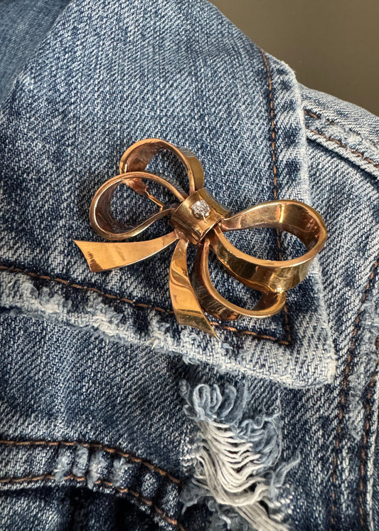 Estate 18k + Old Cut Diamond Bow Brooch
