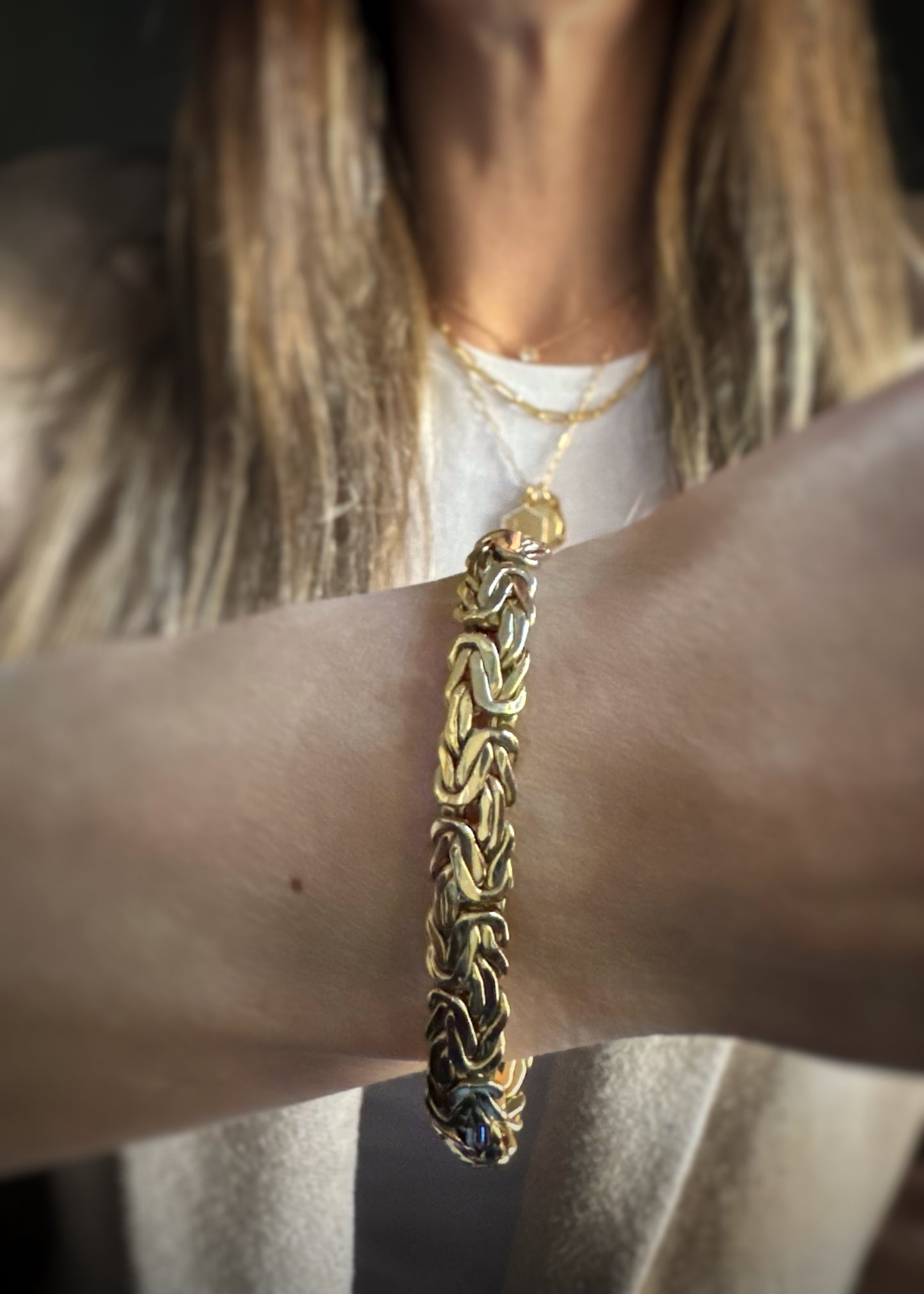 Estate 14k + Byzantine Bracelet w/ Green Onyx End Caps