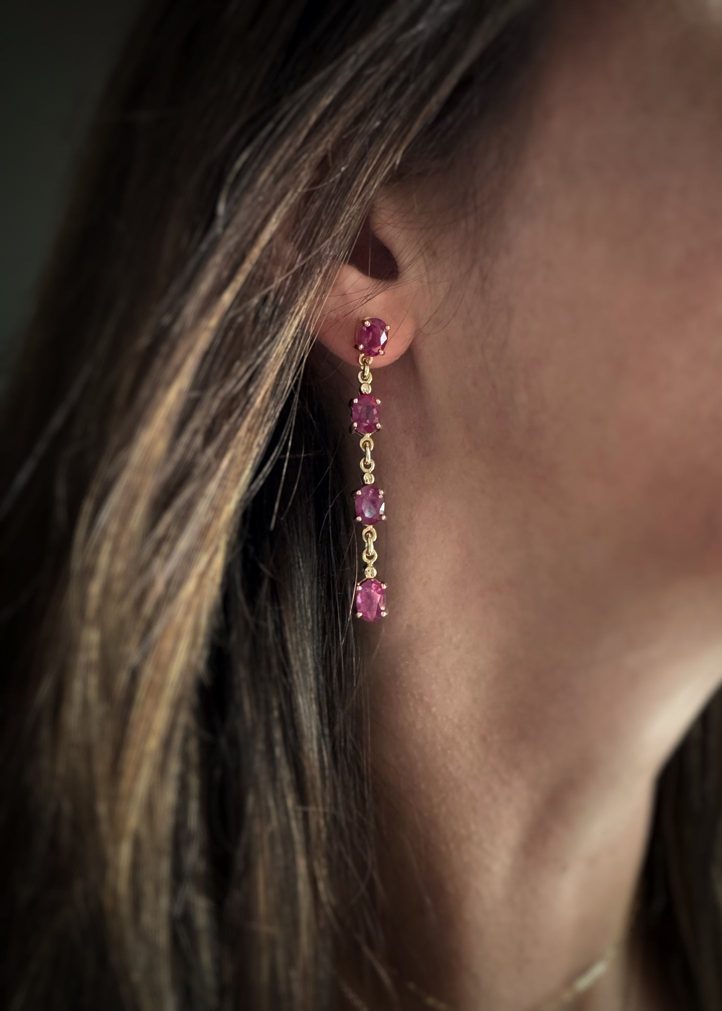 Estate 14k + Pink Sapphire Drop Earrings