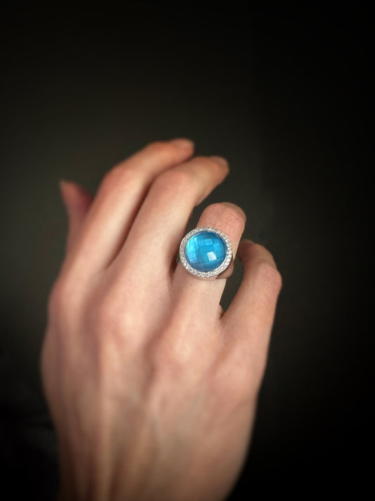 Estate 18k + Blue Topaz Doublet and Diamond Ring