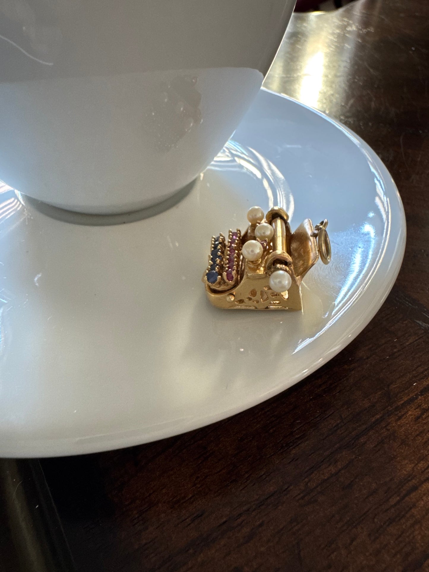 Vintage 14k + Sapphire Ruby and Pearl Typewriter Charm