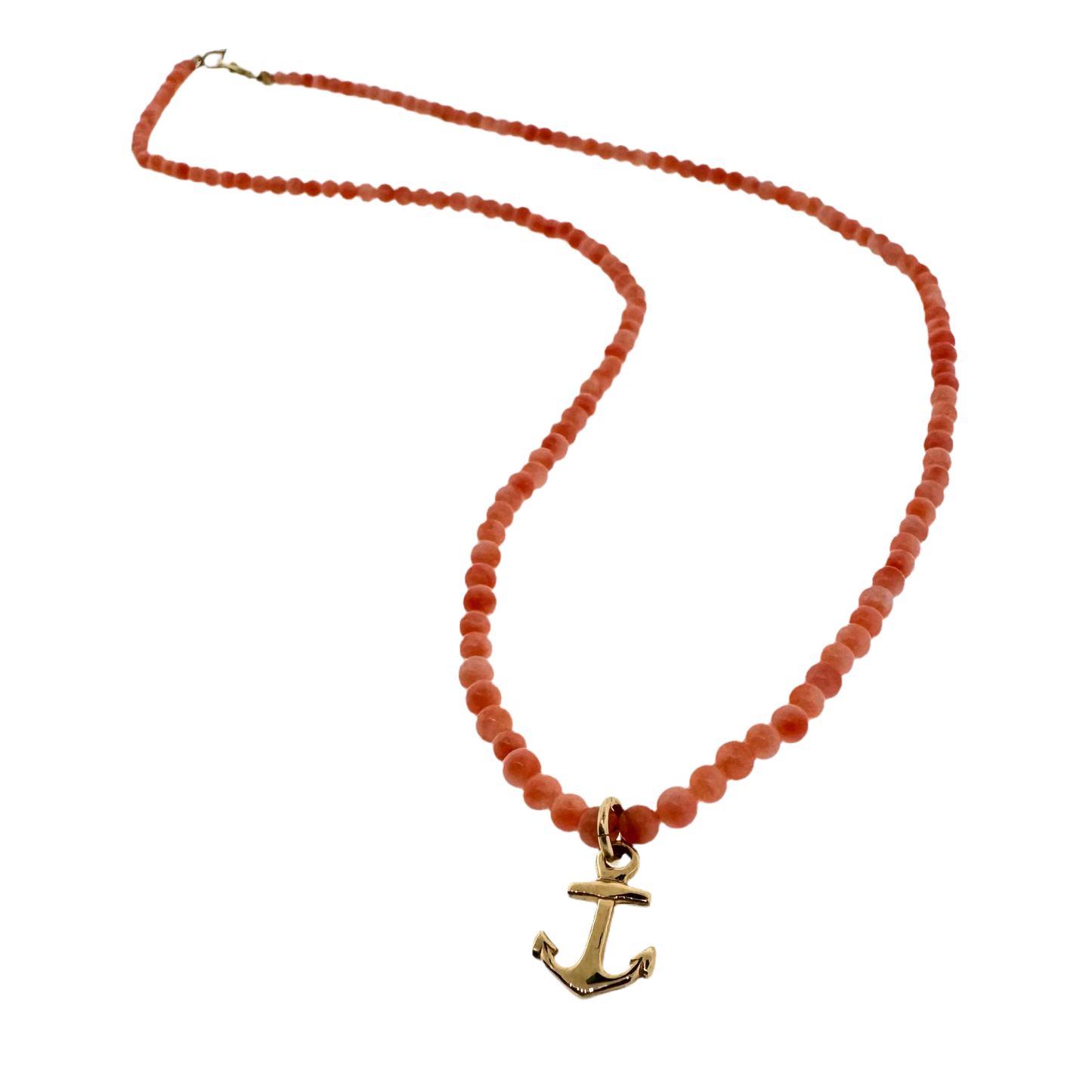 Estate 14k + Pink Coral Beads and Anchor Necklace