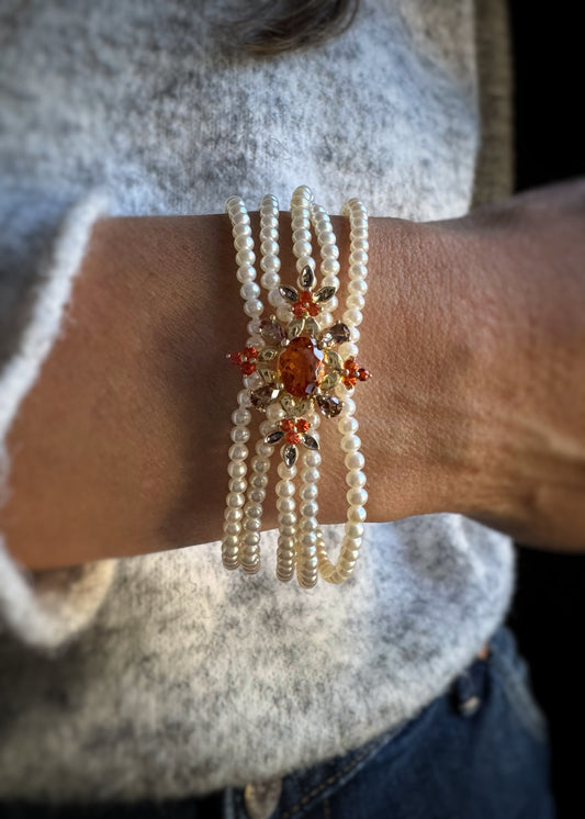 Estate 14k + Pearl Bracelet with Citrine and Diamond Insert