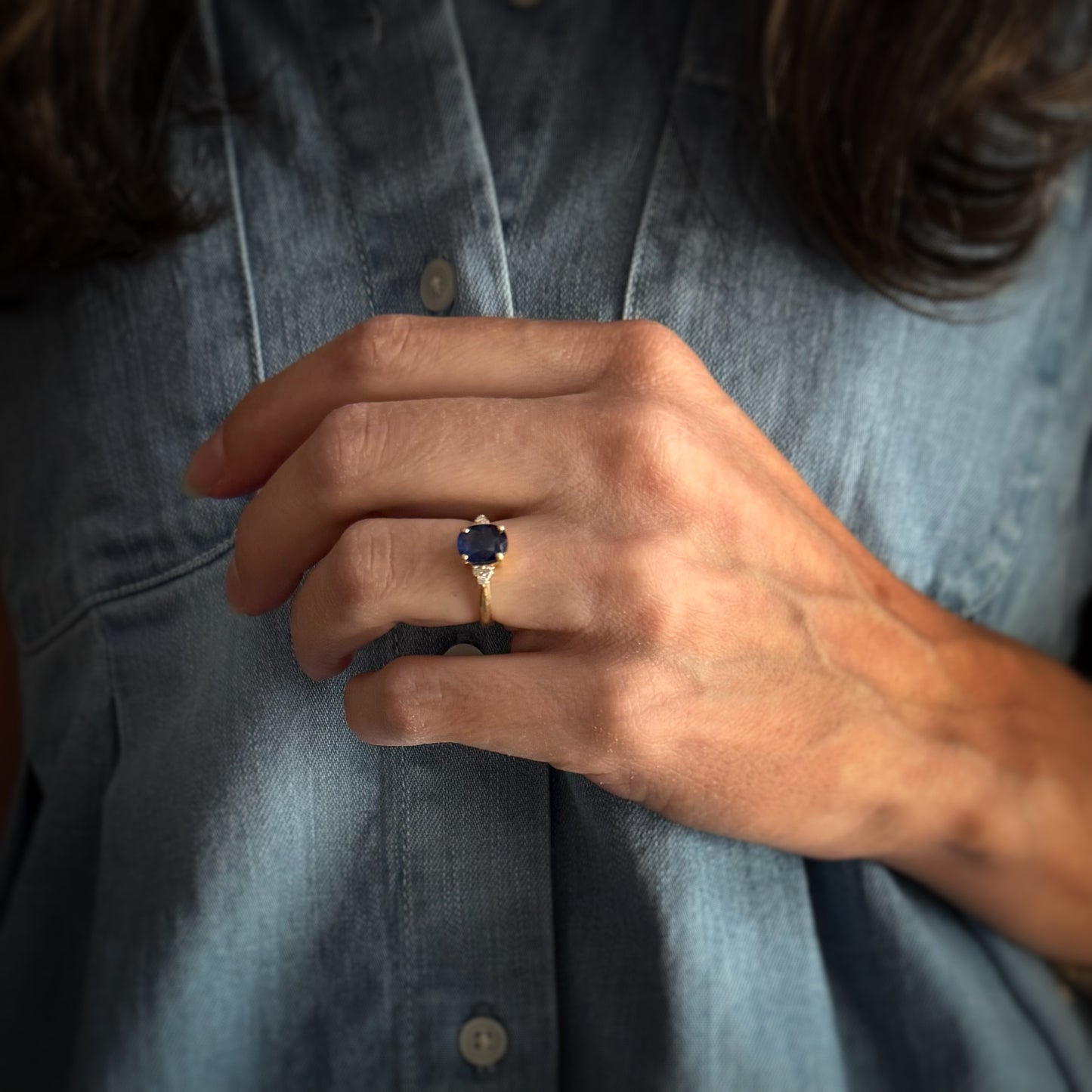 Estate 14k + Blue Sapphire and Diamond Ring