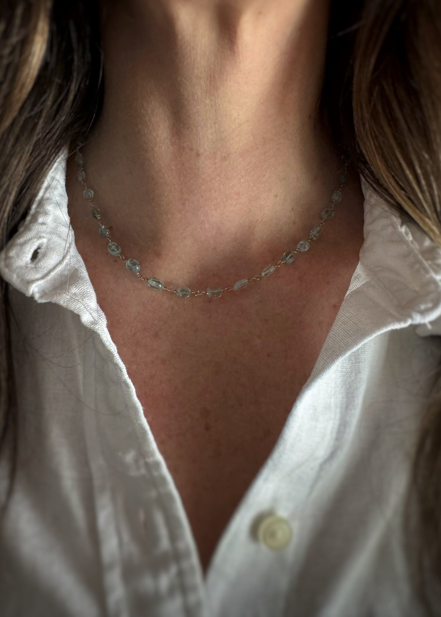 14k + Aquamarine Beaded Chain Necklace