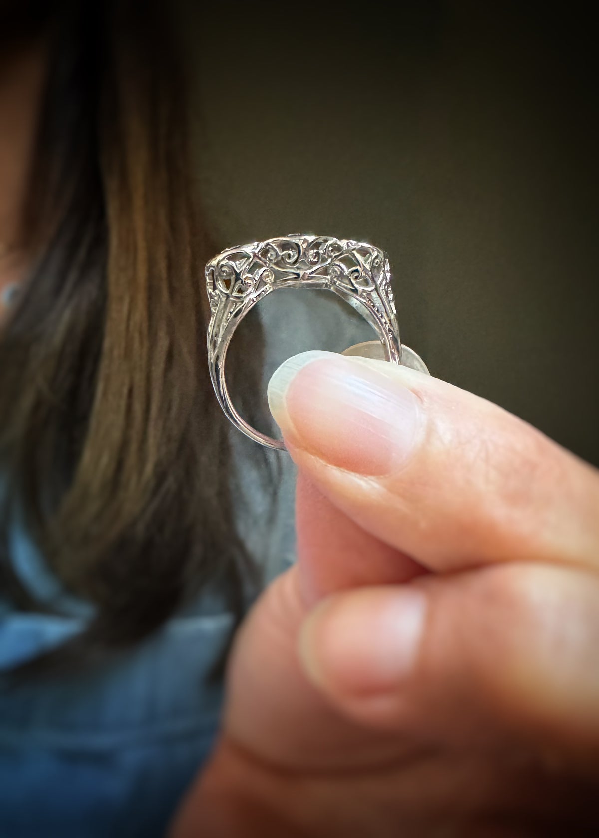 Estate 14k + Diamond Three Stone Filigree Ring