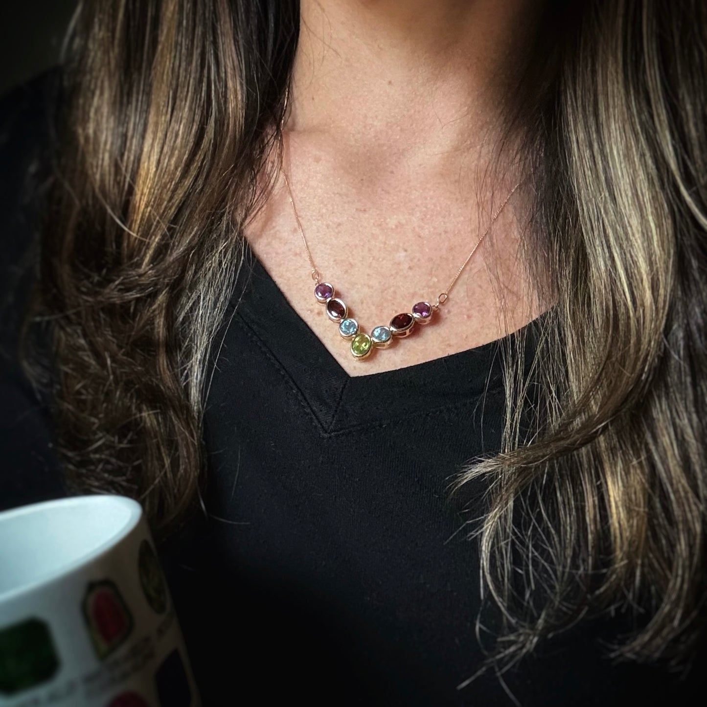 Estate 14k + Multigemstone 'V' Insert Necklace