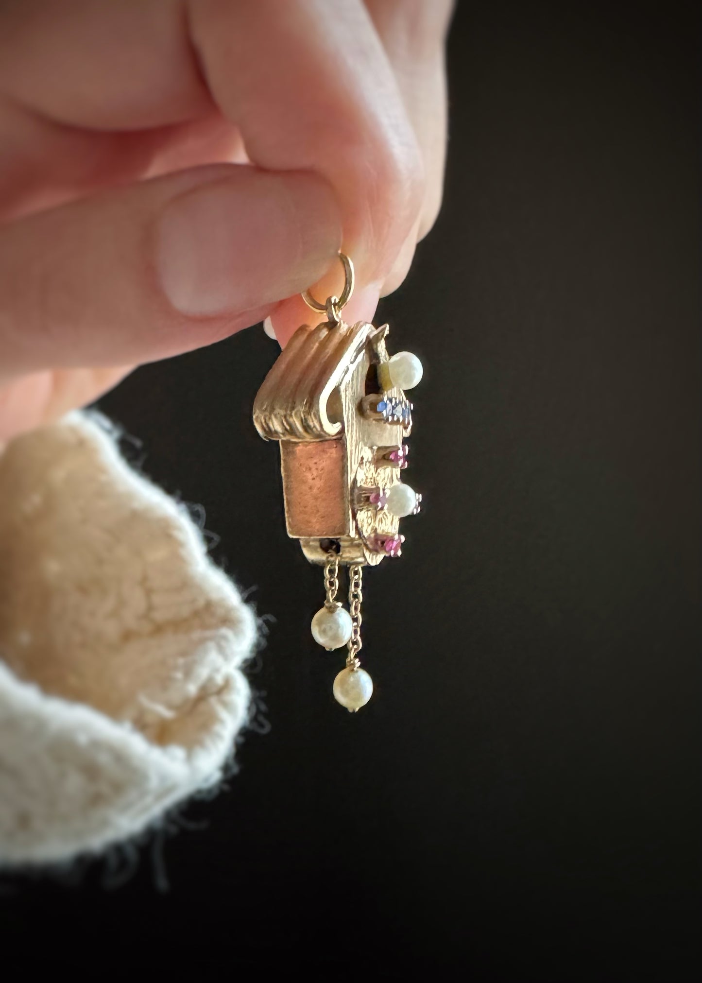 Estate 14k + Sapphire Ruby and Pearl Cuckoo Clock Charm