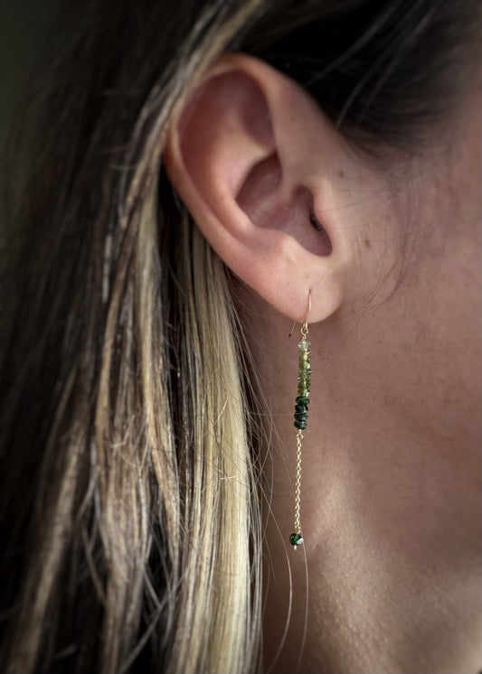 14k + Green Tourmaline Bead & Chain Earrings