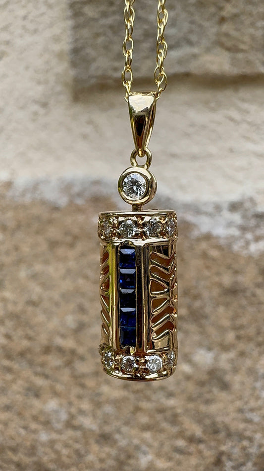Estate 14k + Sapphire and Diamond Pendant Necklace