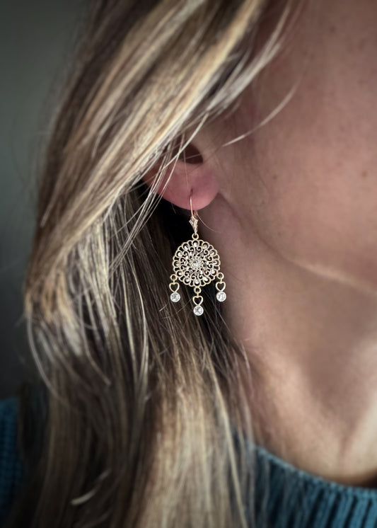Estate 14k + Lace Cut-out Dangle Earrings