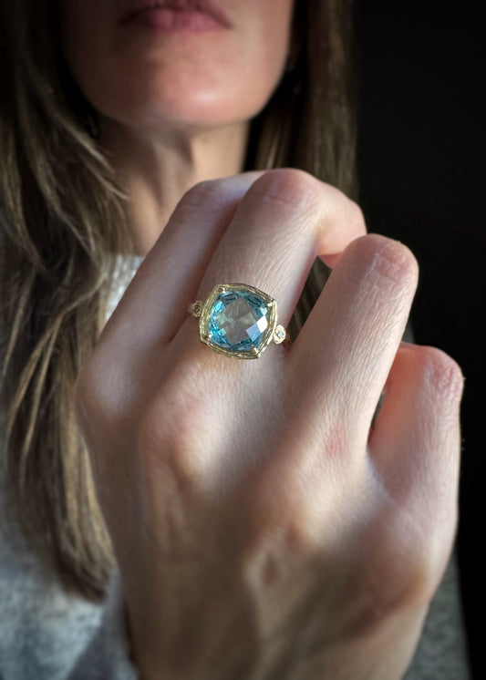 Estate 14k + Blue Topaz & Diamond Ring