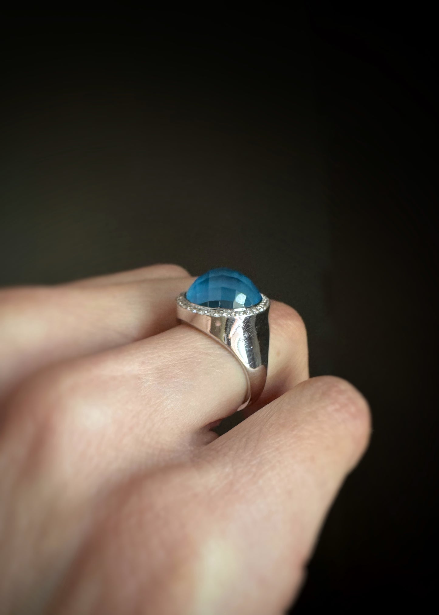 Estate 18k + Blue Topaz Doublet and Diamond Ring