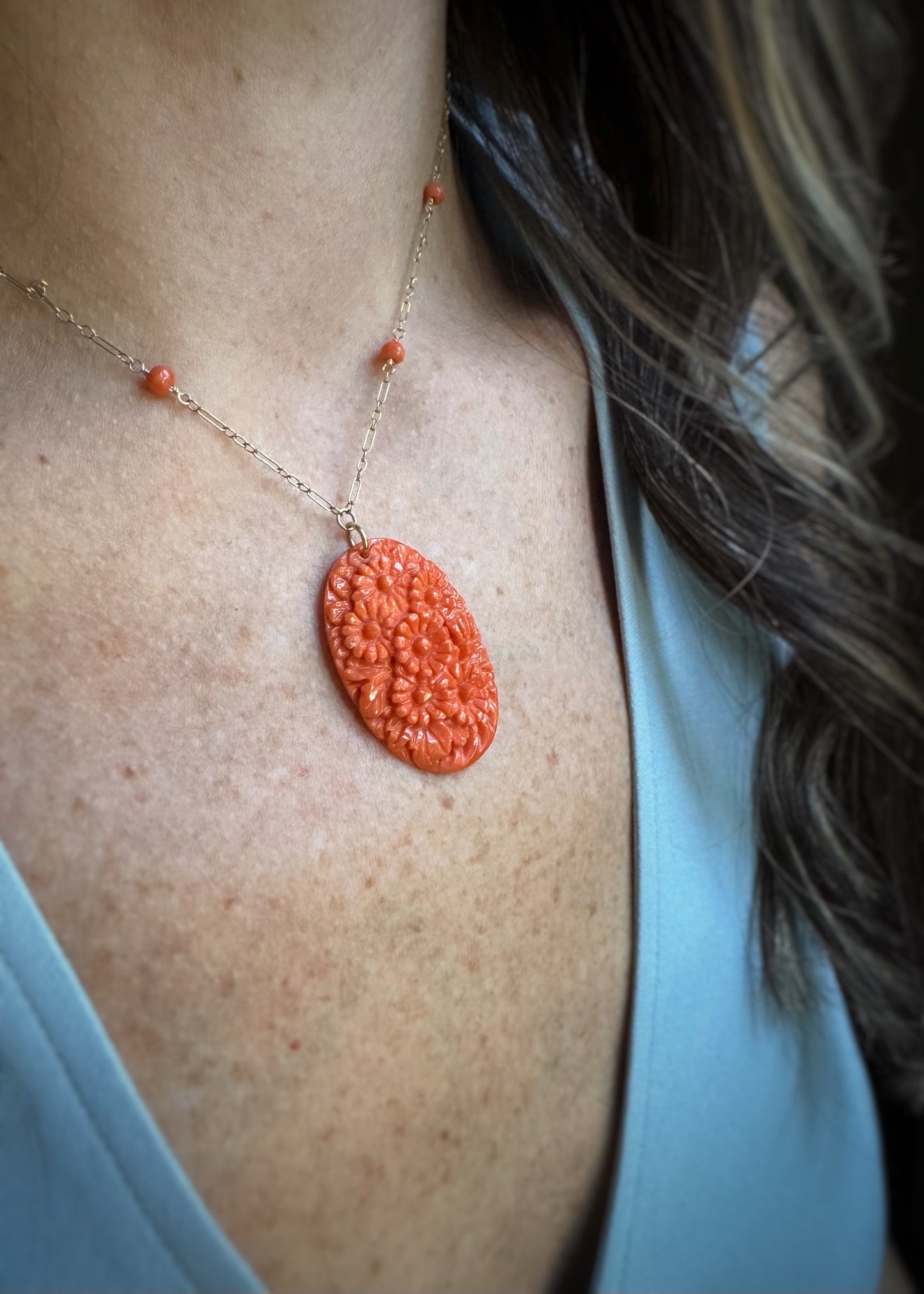 Estate 10k + Carved Coral Necklace