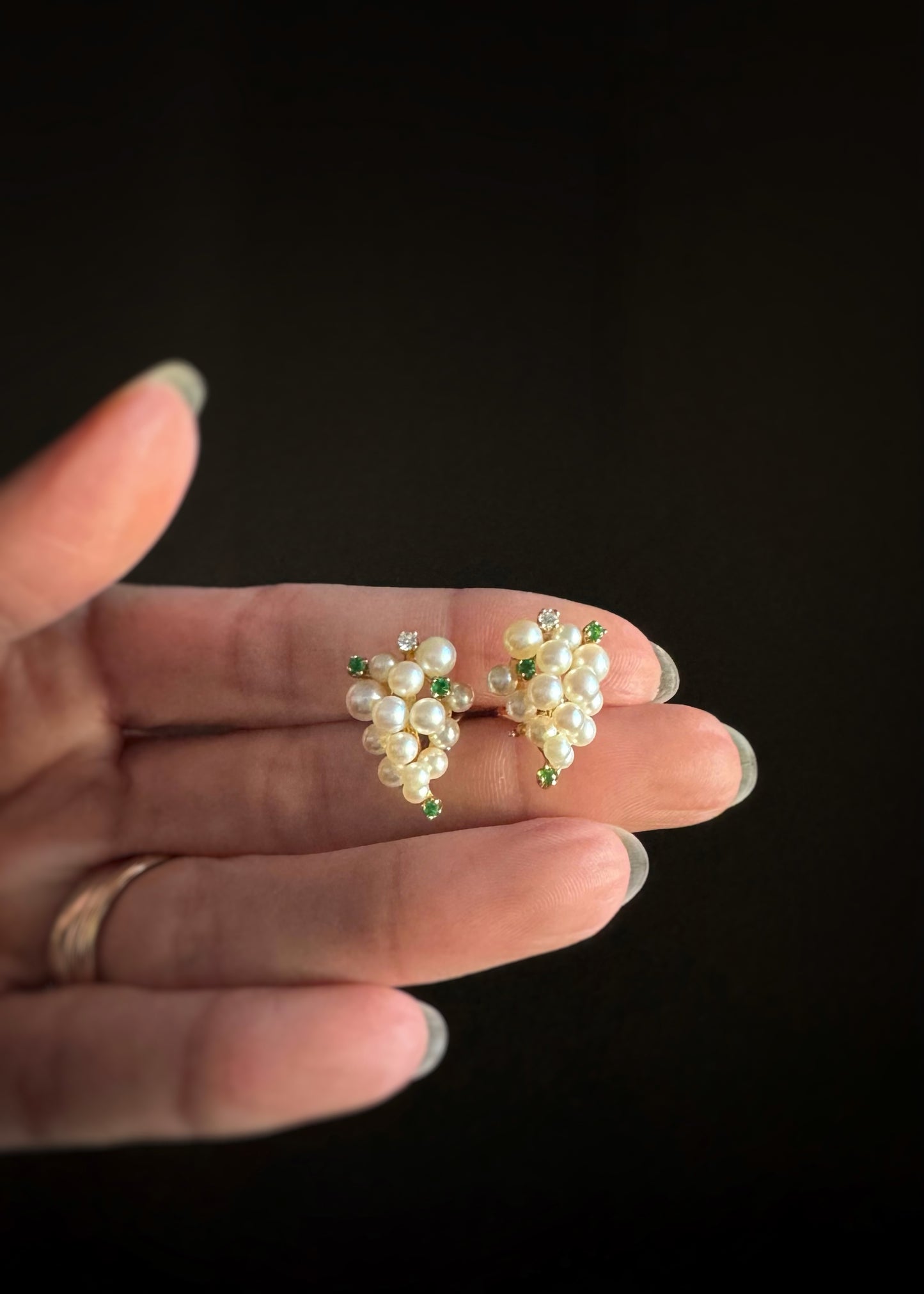 Estate 14k + Pearl Emerald and Diamond Cluster Earrings
