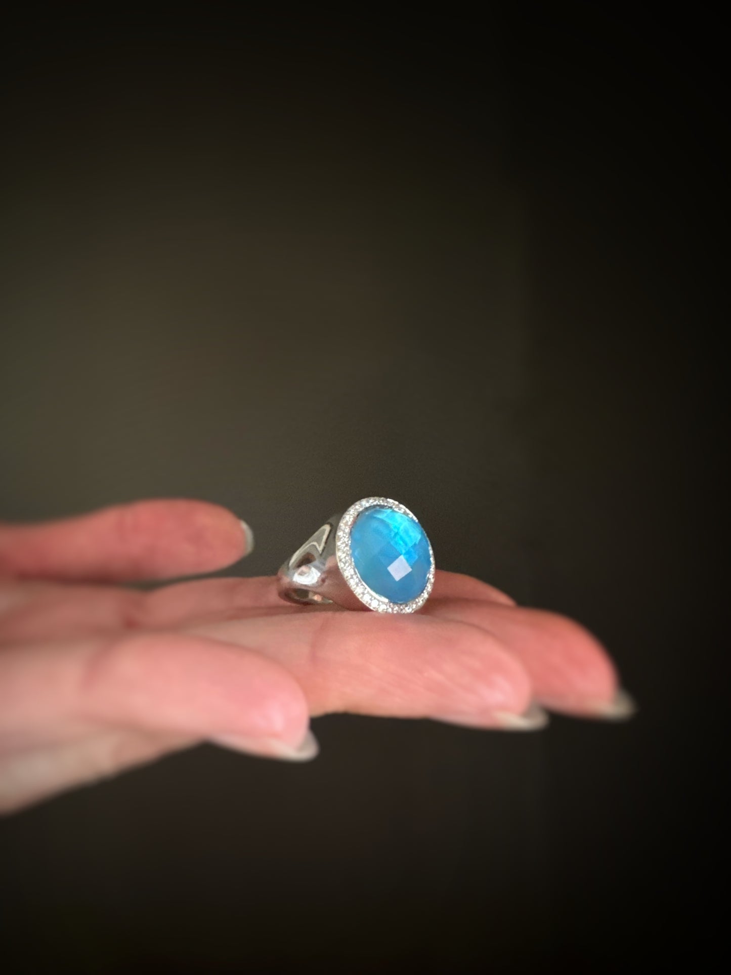 Estate 18k + Blue Topaz Doublet and Diamond Ring