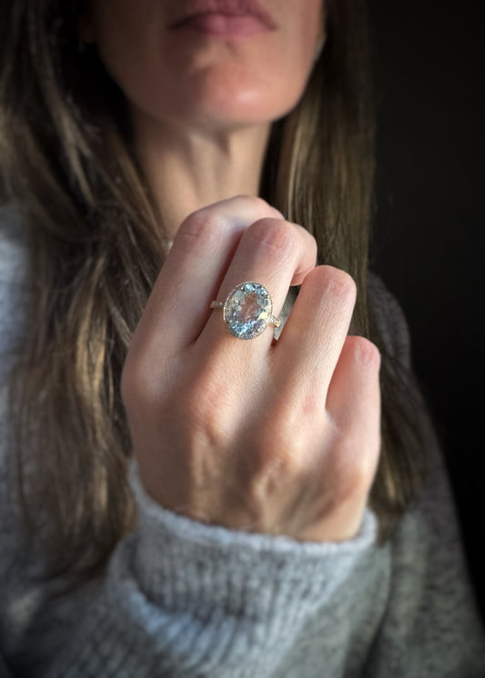 Estate 14k + Aquamarine and Diamond Ring