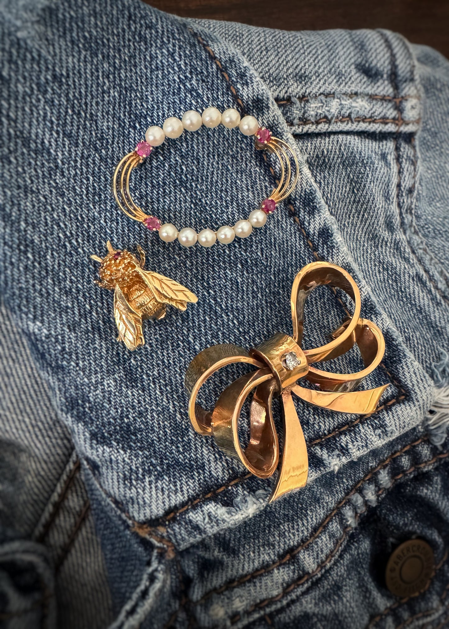 Estate 14k + Ruby and Pearl Oval Brooch