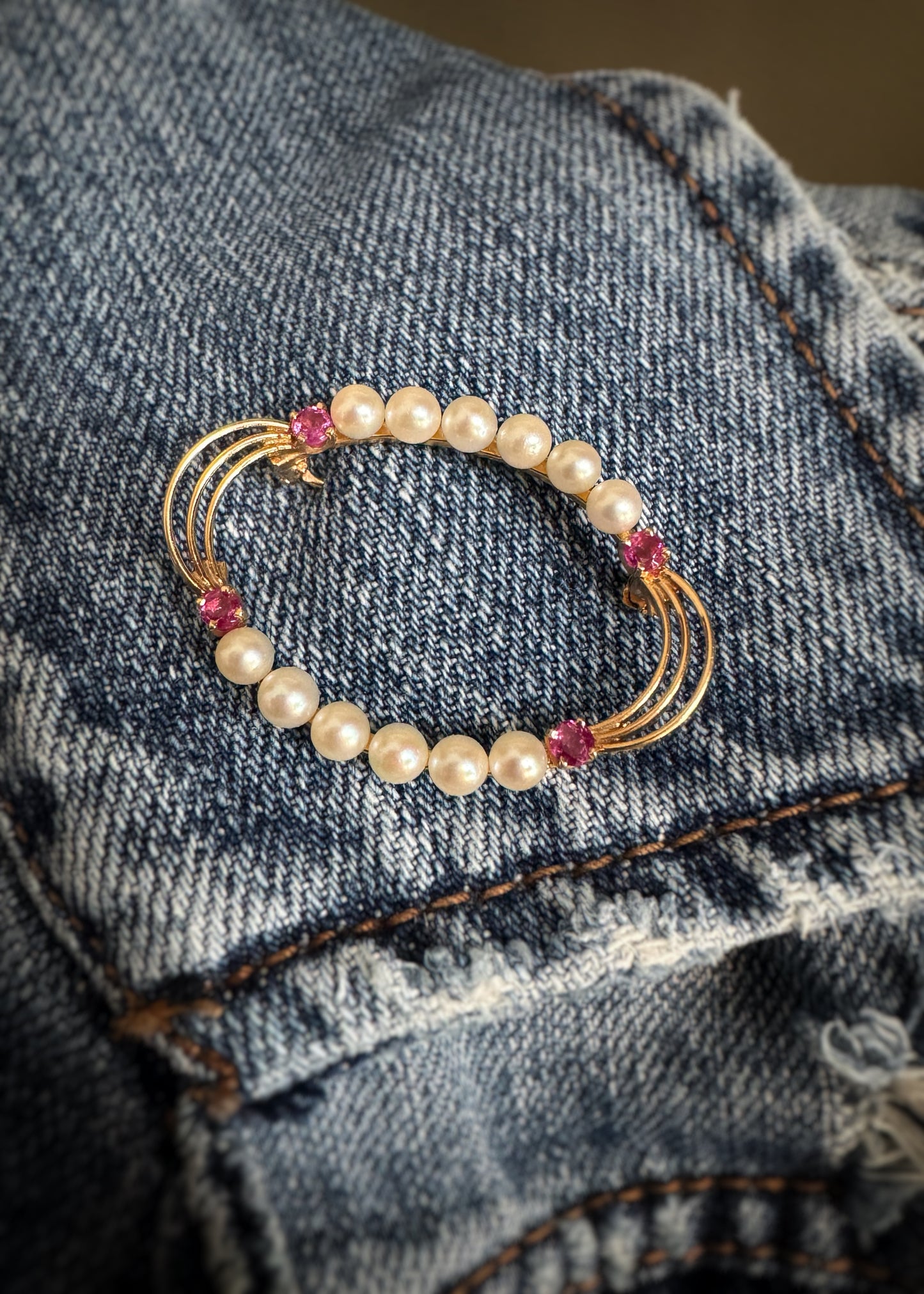 Estate 14k + Ruby and Pearl Oval Brooch