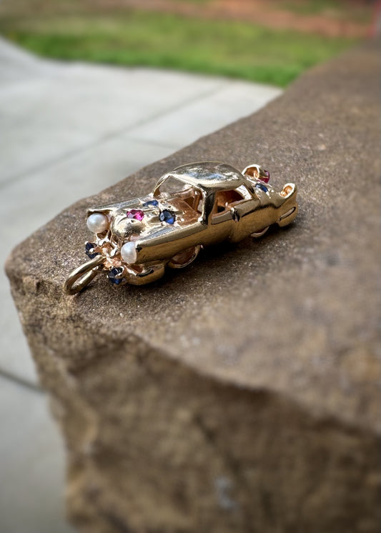 Vintage 14k + Sapphire Ruby and Pearl Classic Car Charm