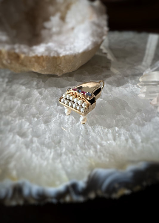 Vintage 14k + Sapphire Ruby and Pearl Grand Piano Charm