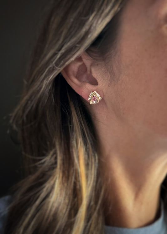Estate Retro 14k + Pink Tourmaline and Diamond Earrings