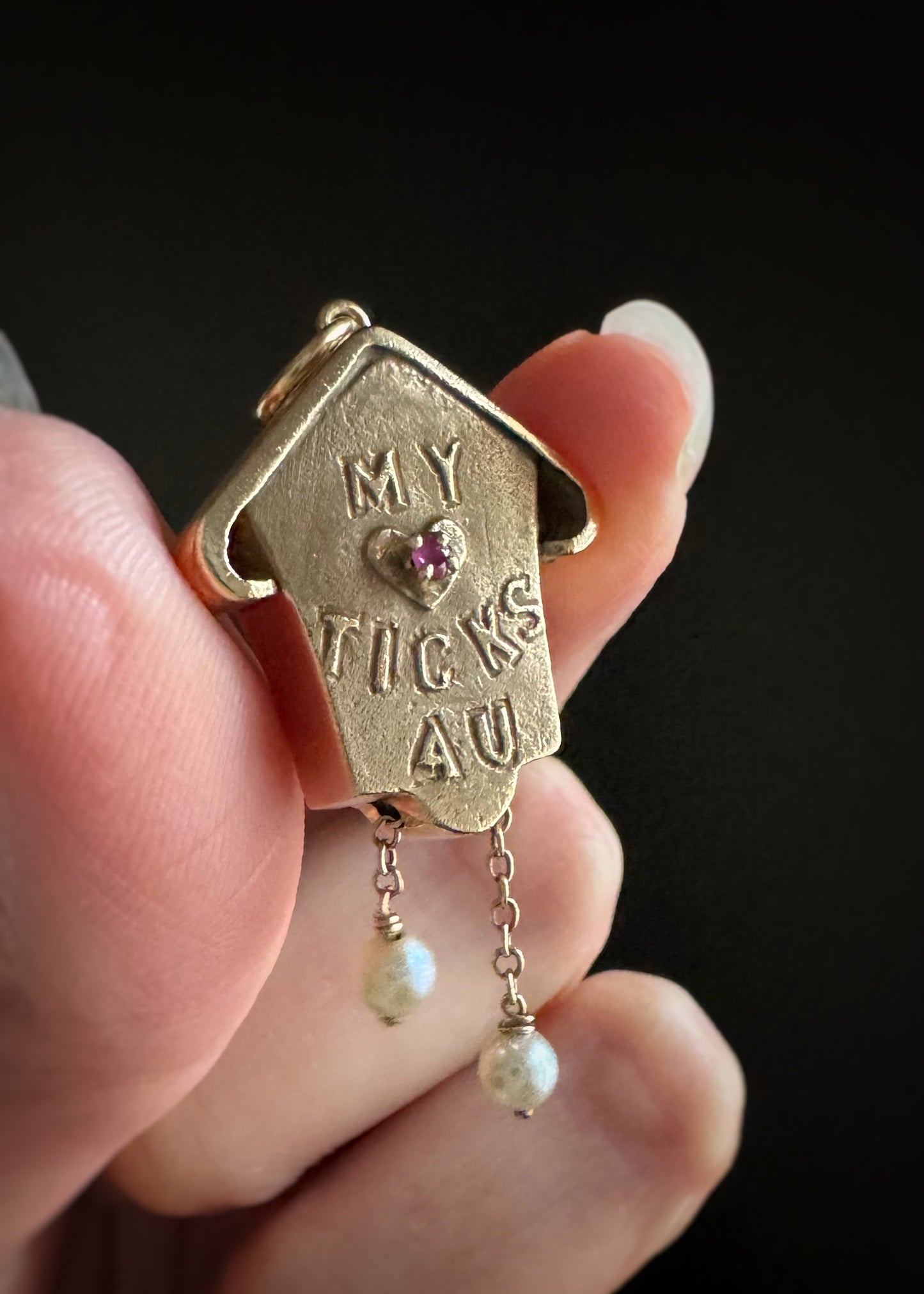 Estate 14k + Sapphire Ruby and Pearl Cuckoo Clock Charm