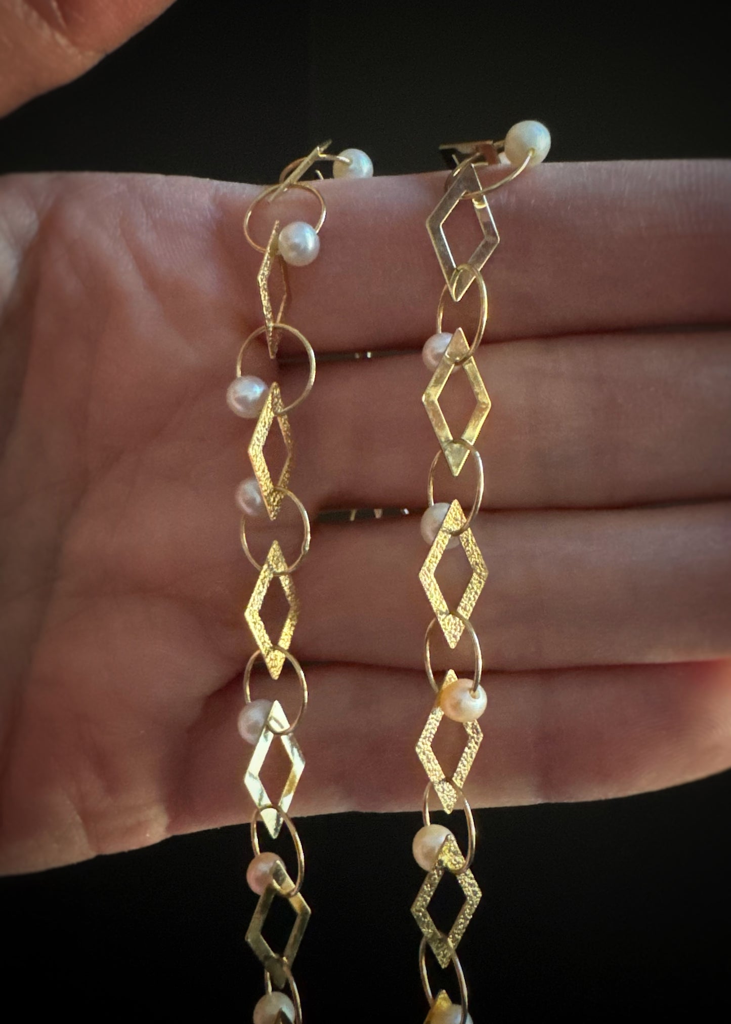 Estate 14k + Pearl Geometric Link Necklace