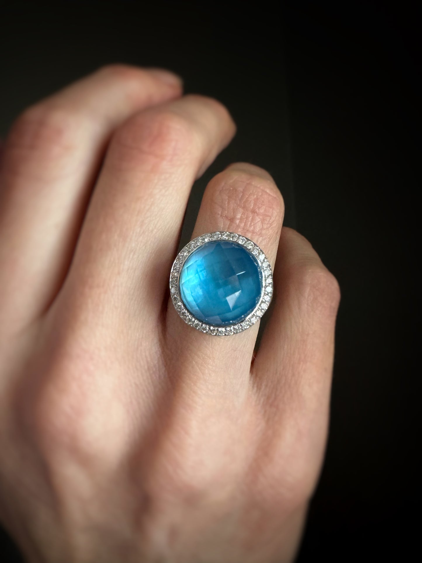Estate 18k + Blue Topaz Doublet and Diamond Ring