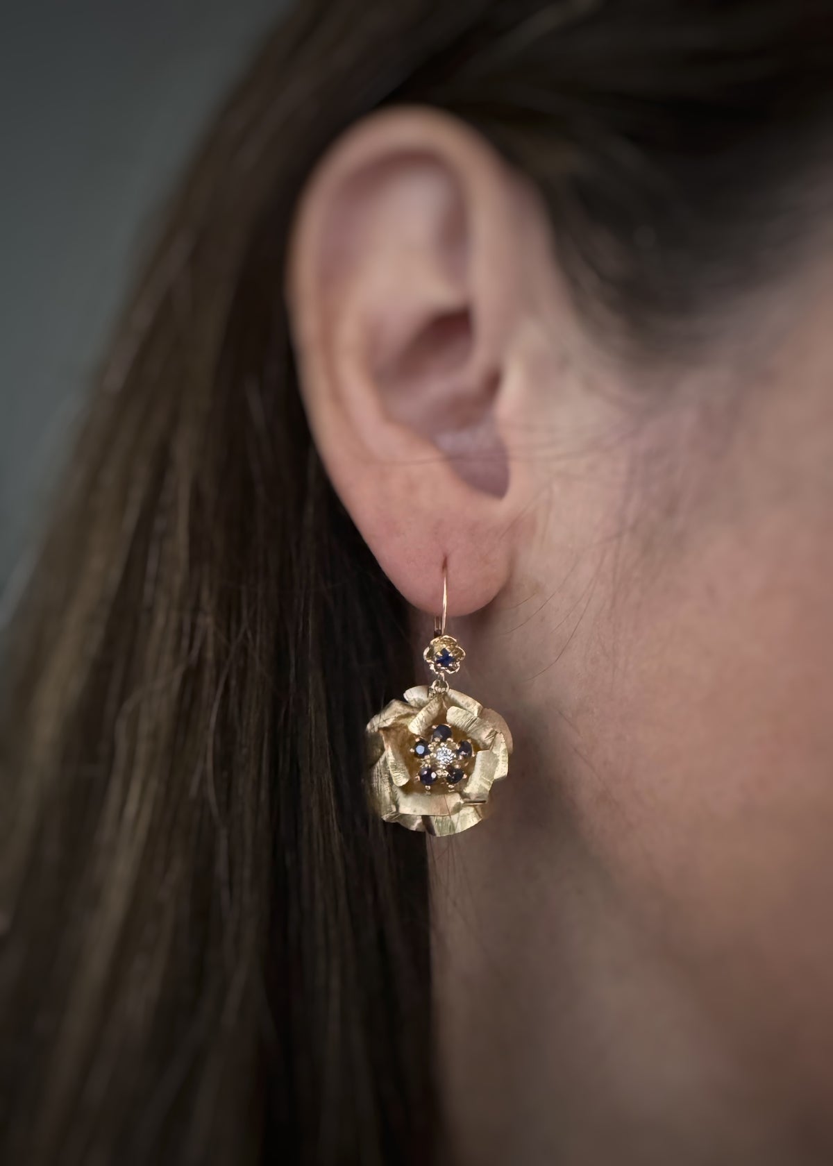 Estate 14k + Sapphire and Diamond Flower Earrings