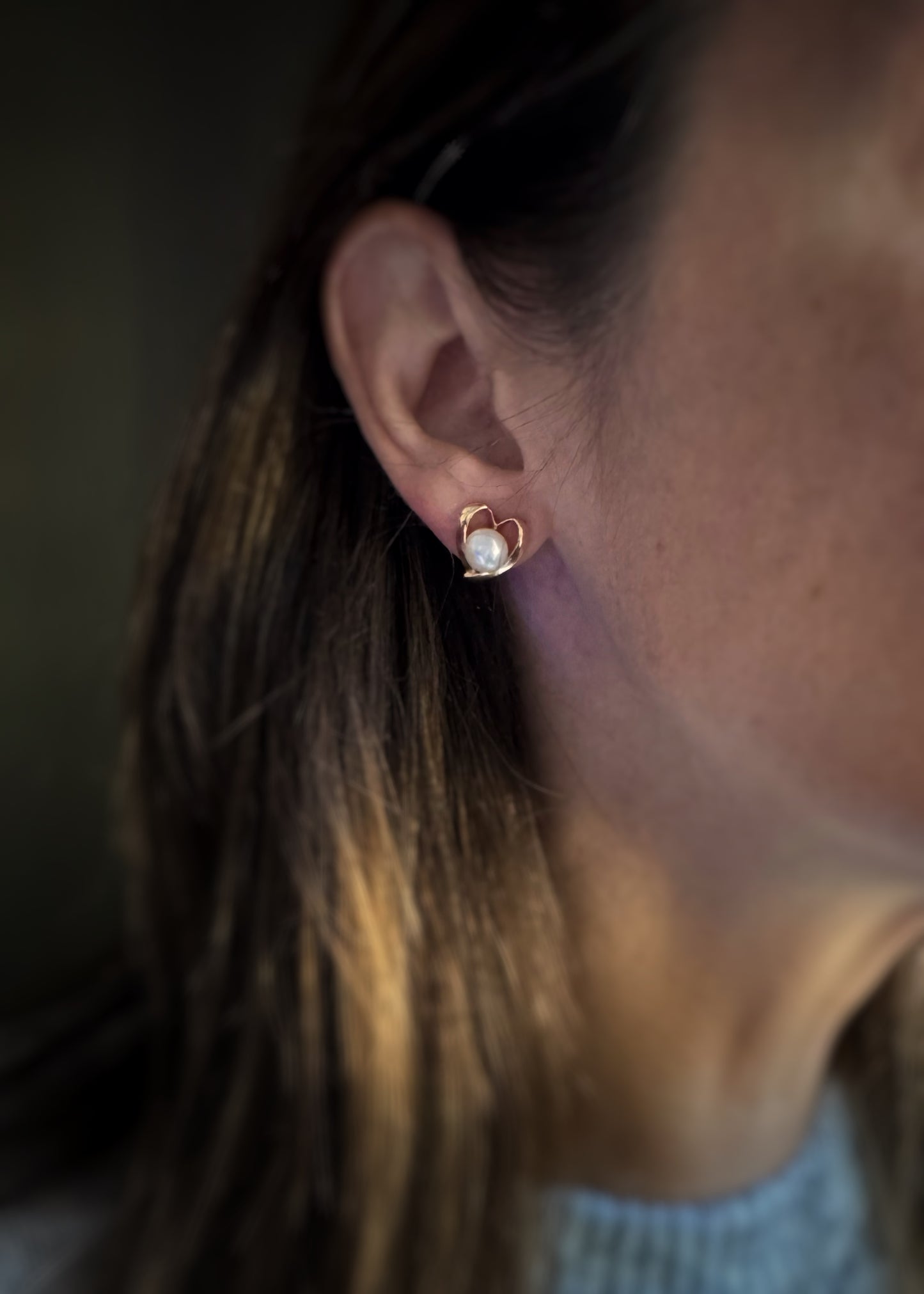 Estate 14k + Cultured Pearl Heart Stud Earrings