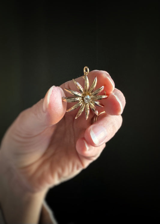 Estate 14k + Diamond Flower Brooch