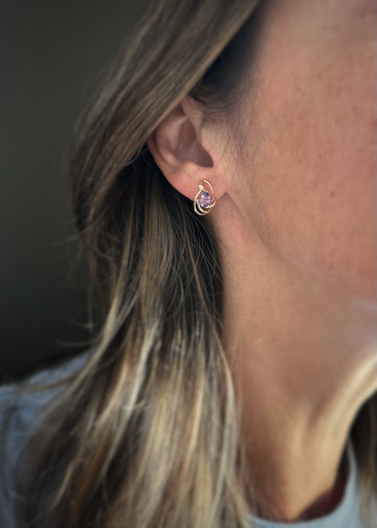 Estate 14k + Amethyst and Diamond Swirl Earrings