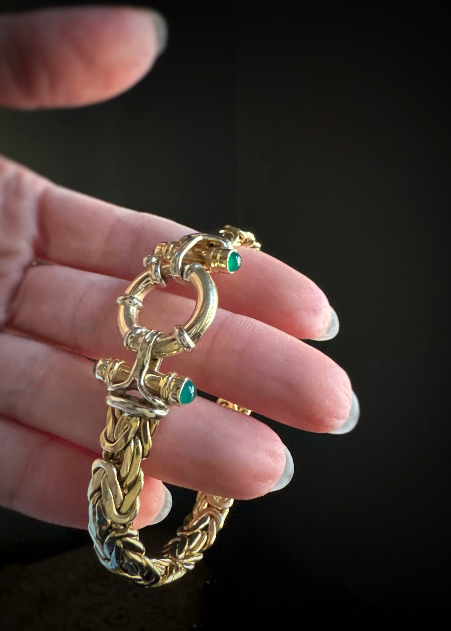 Estate 14k + Byzantine Bracelet w/ Green Onyx End Caps
